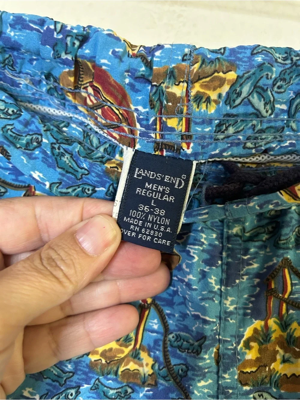 Land End Blue Nautical Boat Print Shorts Native Island VYG Large 36/38 Swim Camp
